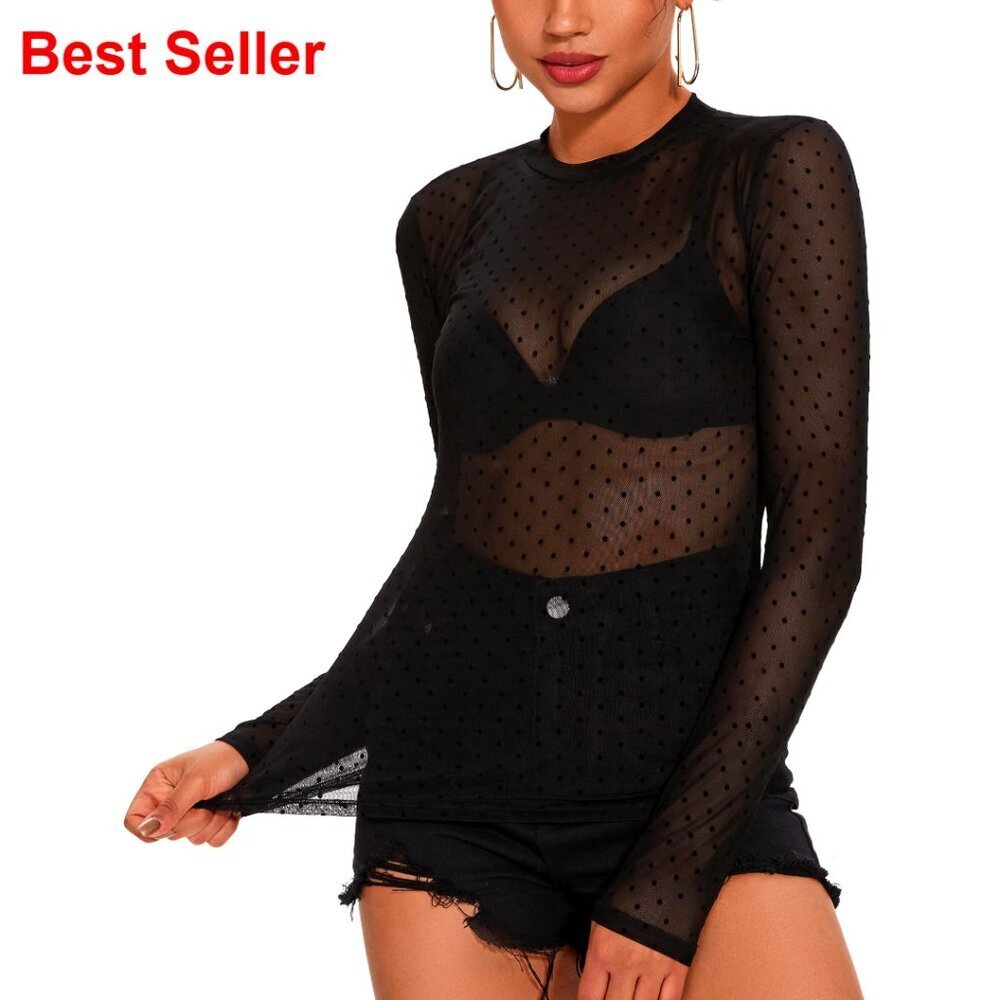 Sheer Mesh Long Sleeve Blouse Floral Embroidery Crew Neck Party Top
